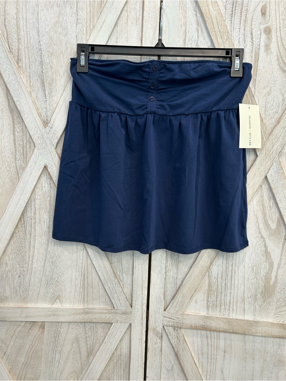 Women's Navy Gathered Waist Strapless Top with Button Detail